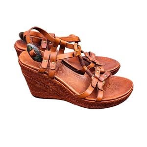 Ash Women's Boho Artisan Embossed Wedge Sandals Cognac Brown Leather, Sz  38